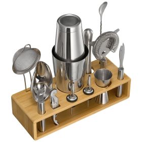 Cocktail Shaker Set, 13-Piece Stainless Steel Bar Tools with Bamboo Stand, Boston Bartender Kit Accessories | Mixer Spoon, Muddler, Jigger, Strai