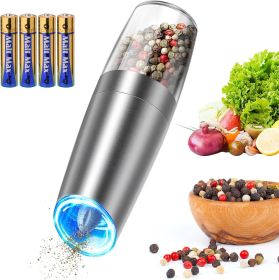 Stainless Steel Graviry Electric Pepper Grinder Automatic Salt Grinder Pepper Griner Mill Electric, Battery Operated, LED Light, Adjustable Coars