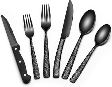 24-Piece Black Silverware Set with Steak Knives, Black Flatware Set for 4, Food-Grade Stainless Steel Tableware Cutlery Set (Material: Stainless Steel)